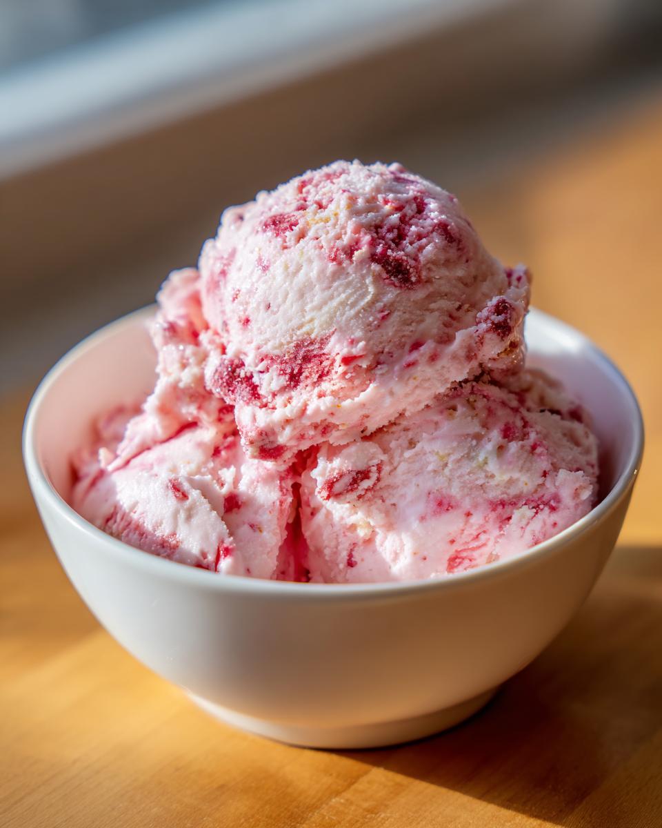 Close-up of three scoops of creamy, pink strawberry ice cream swirled with bright red fruit pieces in a white bowl.