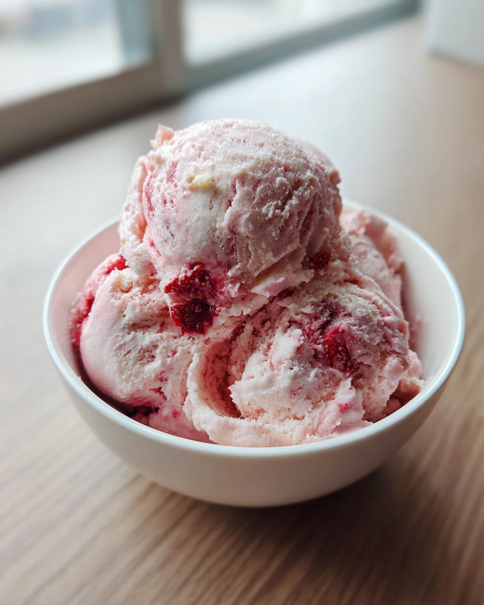 Three scoops of creamy, pink strawberry ice cream with visible fruit pieces served in a white bowl.