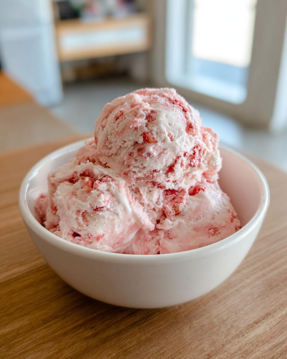 Three scoops of creamy, pink strawberry ice cream with visible fruit pieces served in a white bowl.
