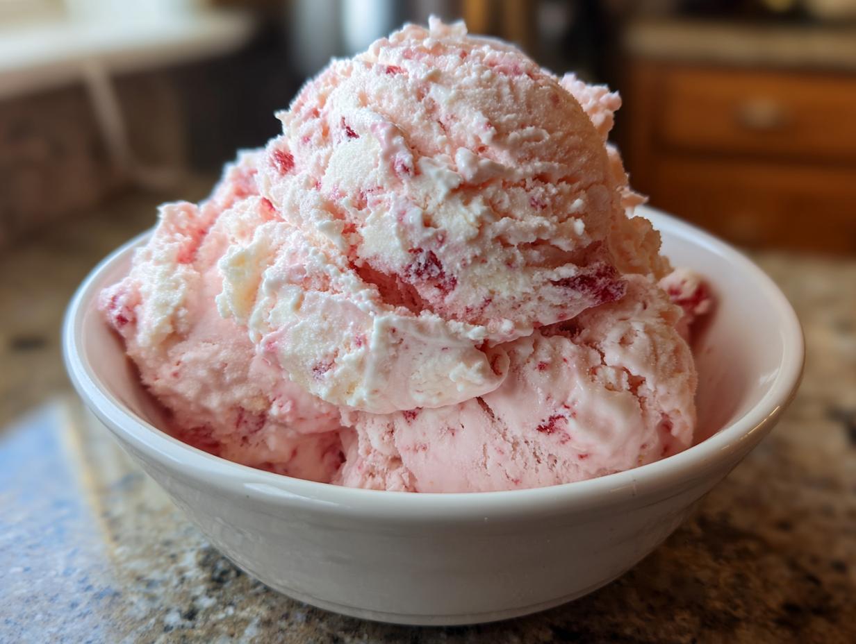Close-up of several scoops of pink and white strawberry ice cream with visible fruit pieces in a white bowl.