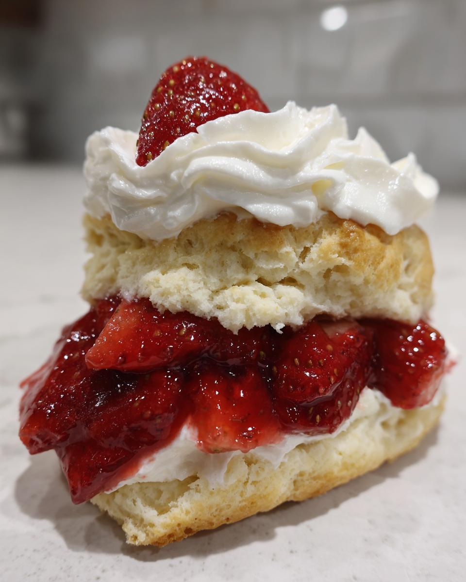 A delicious, layered strawberry shortcake featuring a biscuit, macerated strawberries, whipped cream, and a whole strawberry on top.