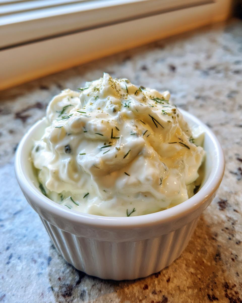A close-up of creamy homemade tartar sauce recipe, garnished with fresh dill, served in a white ramekin.
