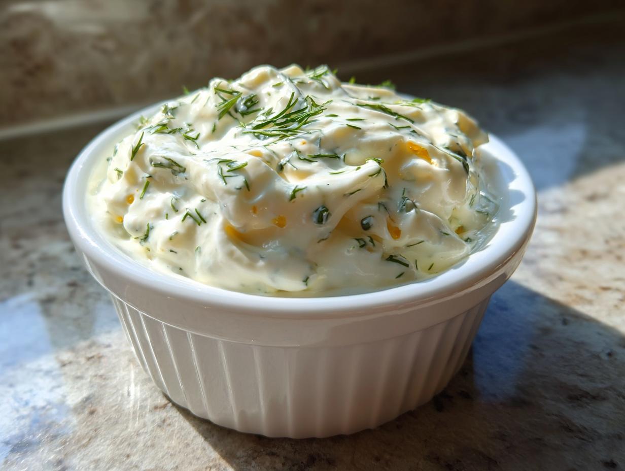A close-up of creamy, homemade tartar sauce recipe garnished with fresh dill in a small white bowl.