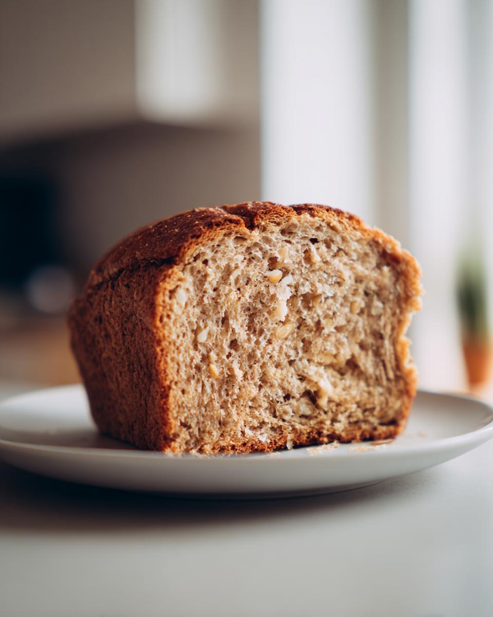 Close-up of a thick slice of homemade whole wheat bread showing the textured crumb and grains.