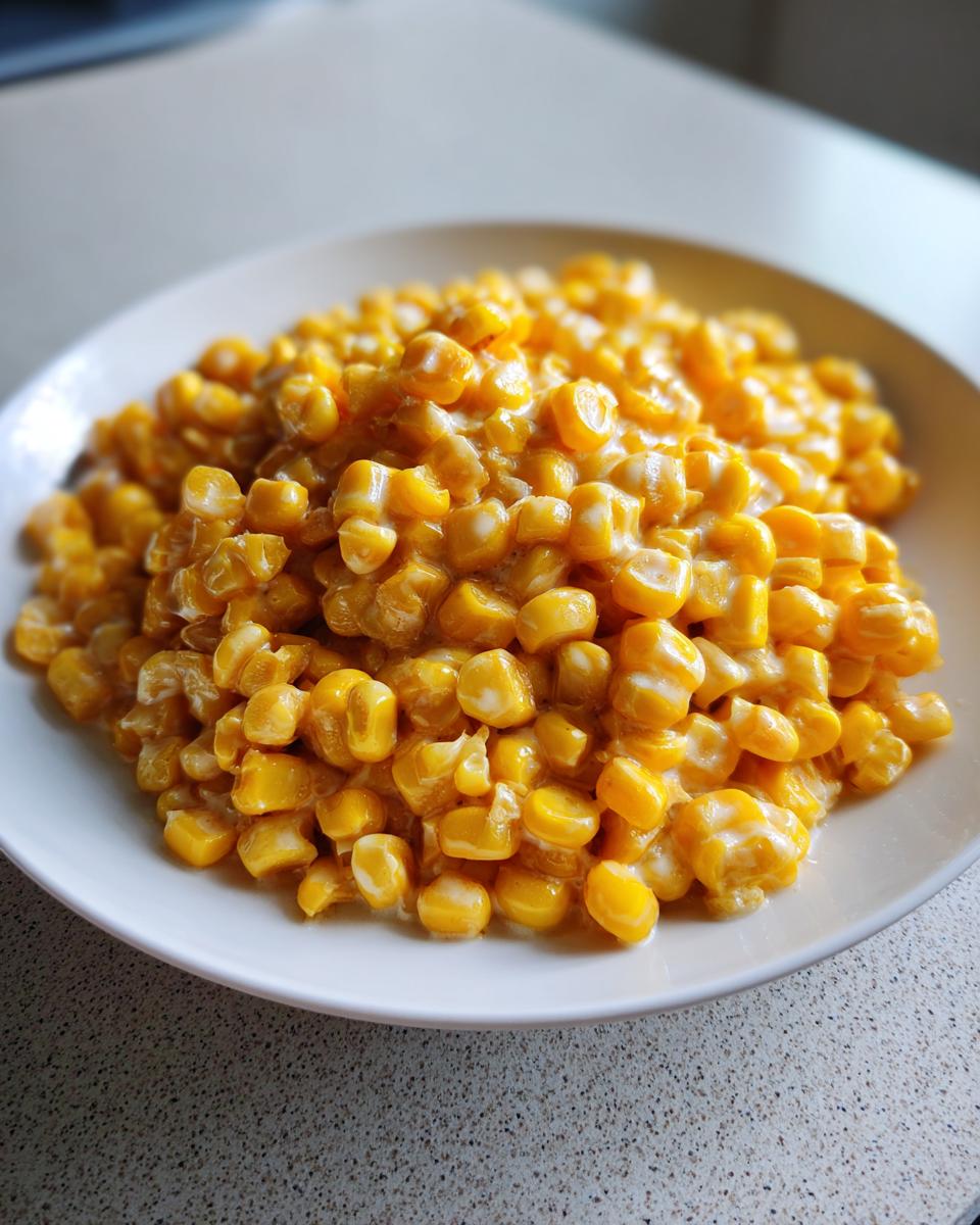 A white bowl filled with bright yellow honey butter corn kernels, coated in a creamy sauce.