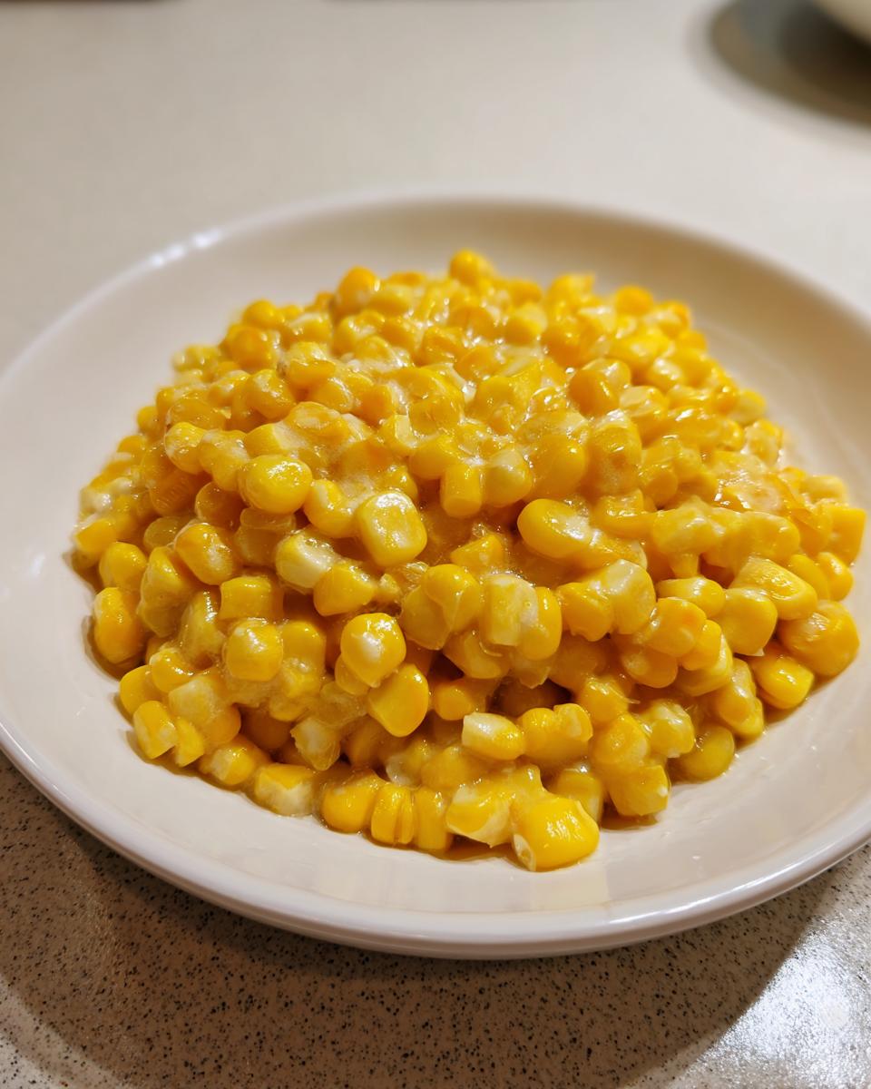 Close-up of sweet, glossy honey butter corn served in a small white bowl.