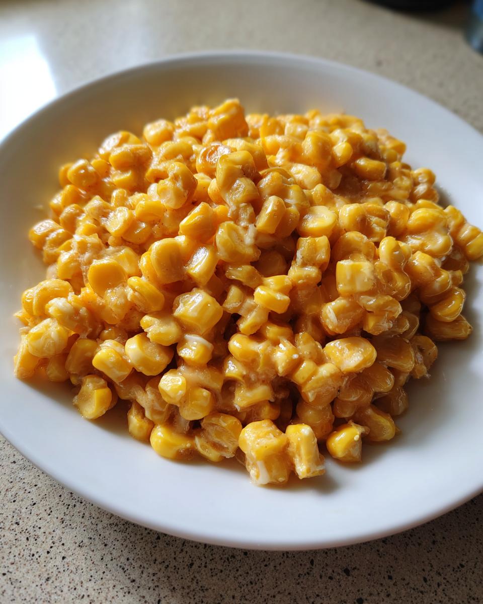 Close-up of sweet, creamy honey butter corn served in a white bowl, ready to eat.