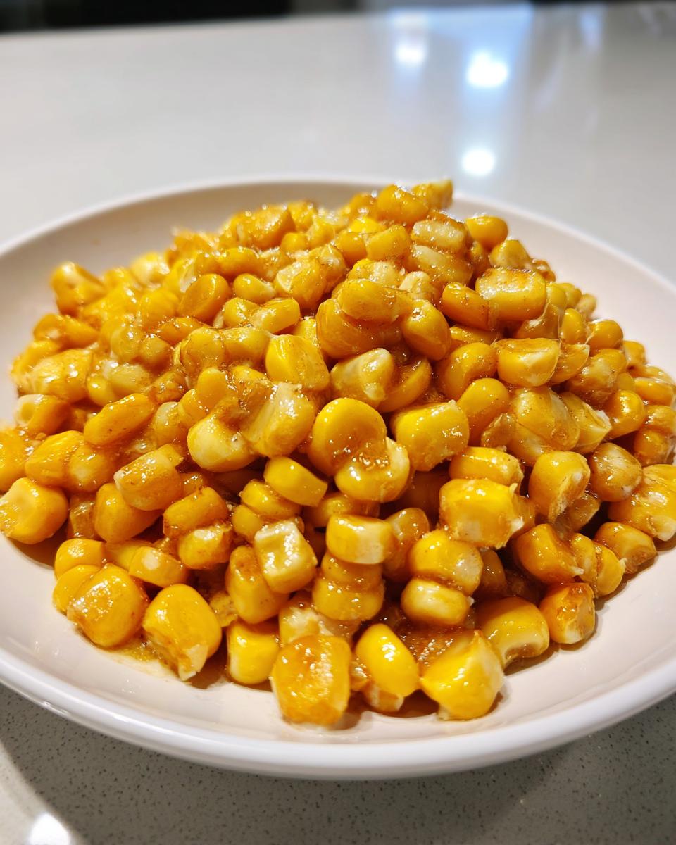 A close-up of bright yellow, glossy honey butter corn kernels served in a white bowl.