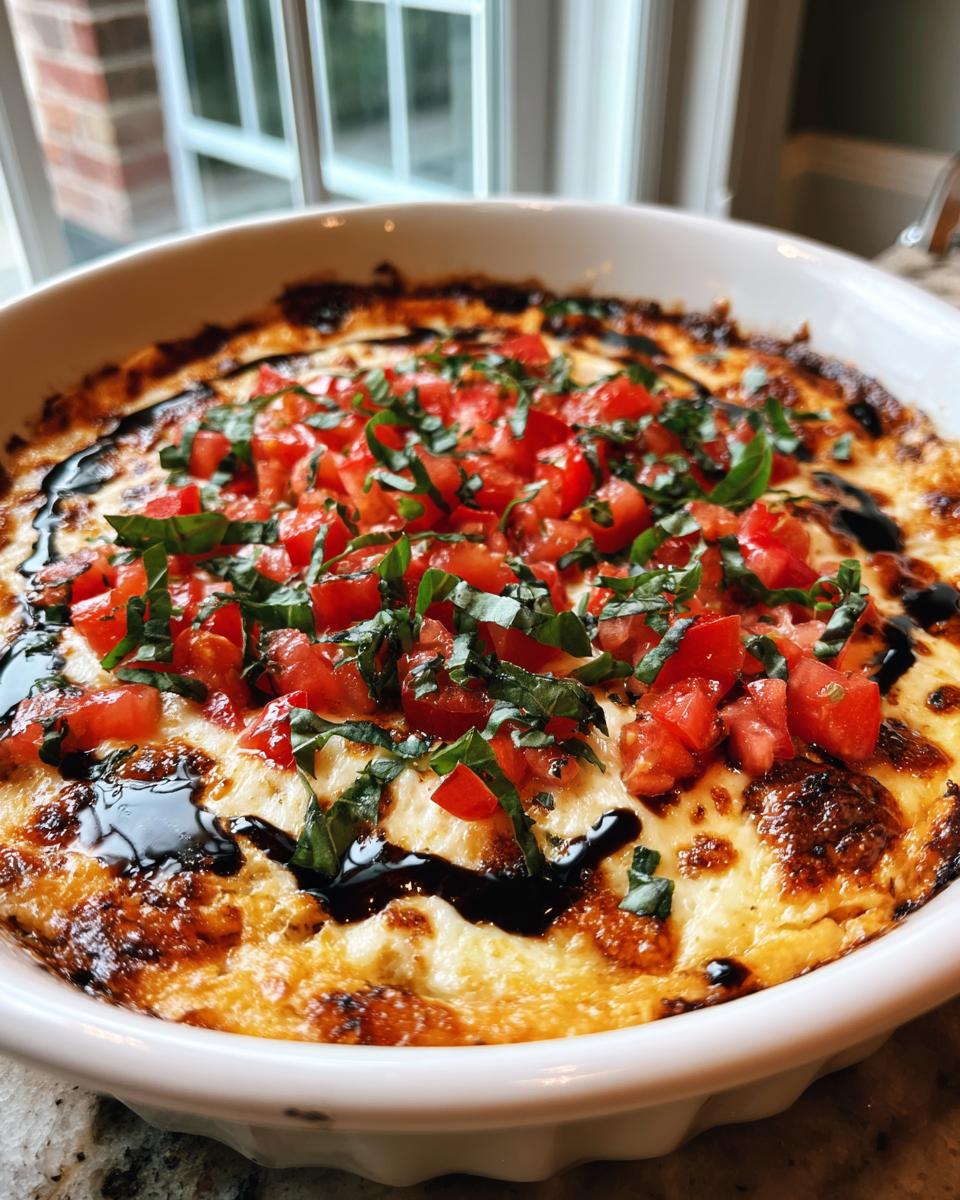 Close-up of a hot, baked bruschetta dip topped with diced tomatoes, fresh basil, and a balsamic glaze drizzle.