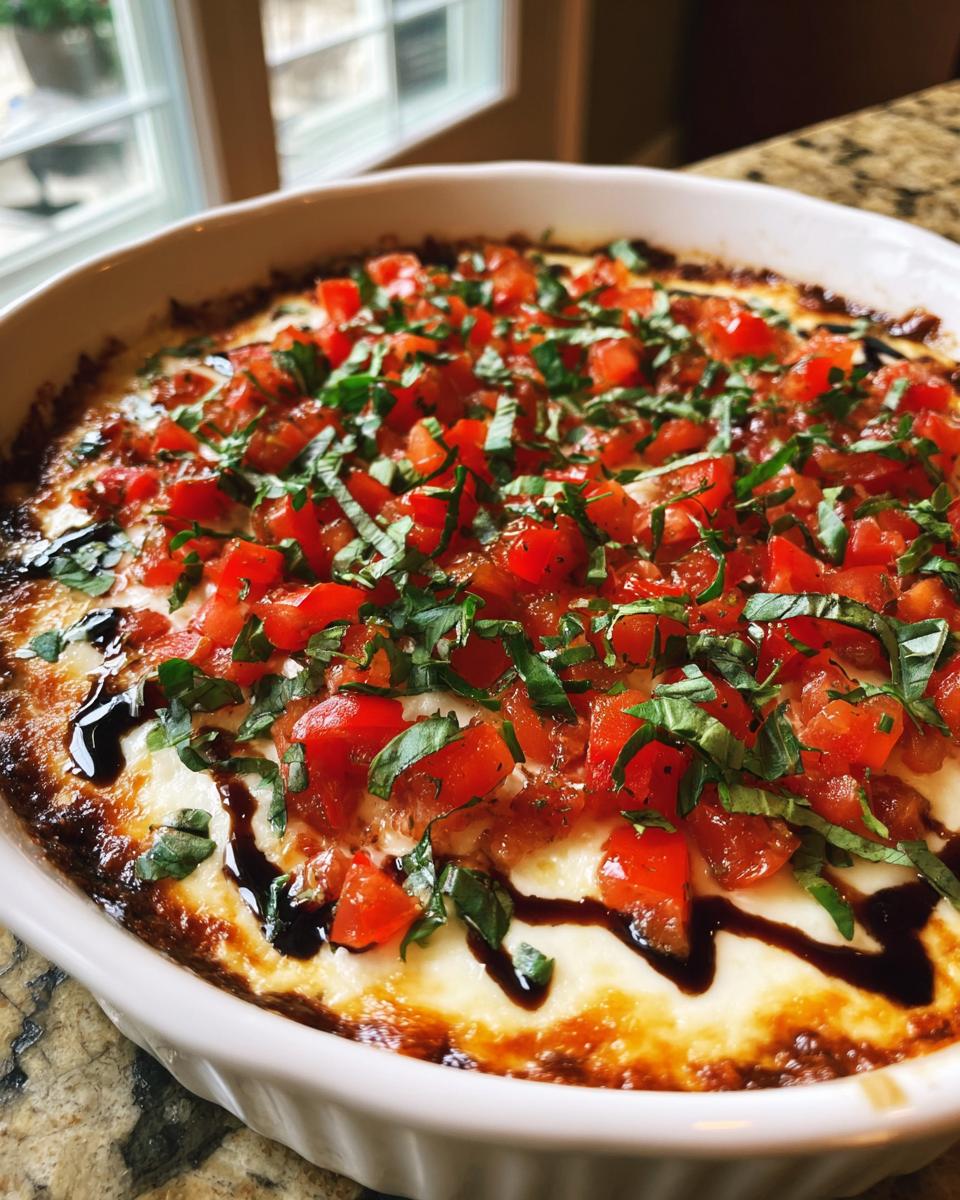Close-up of a hot, baked bruschetta dip topped with diced tomatoes, fresh basil, and a balsamic glaze drizzle.