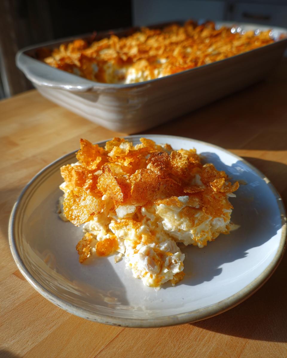A scoop of creamy hot chicken salad topped with golden, crunchy cornflakes served on a small plate.