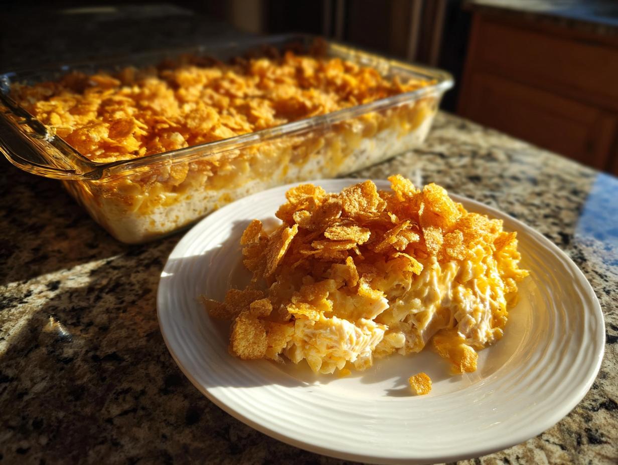 A serving of creamy hot chicken salad topped generously with golden, crunchy cornflakes on a white plate.