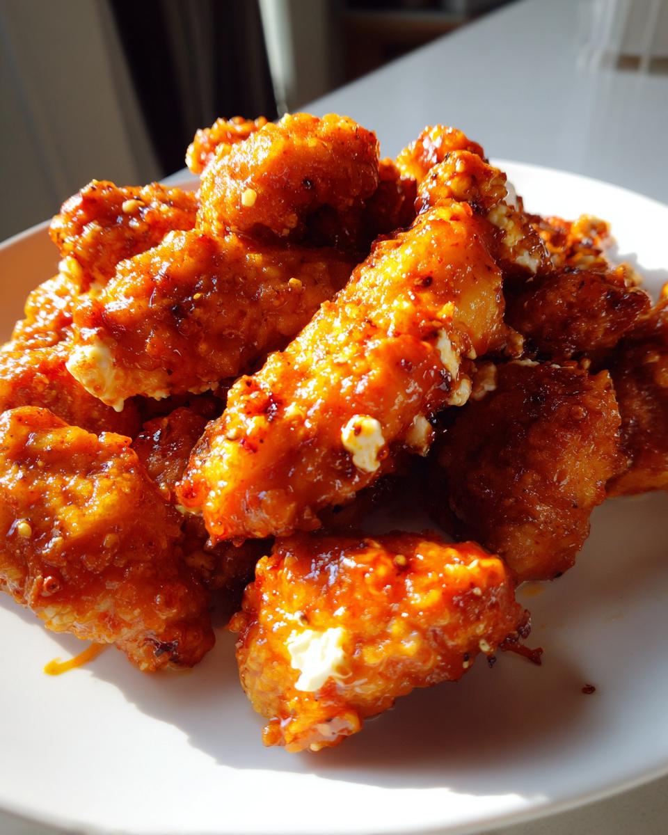 Close-up of crispy chicken pieces coated in a sticky, orange hot honey sauce with visible white feta crumbles, served on a white plate.