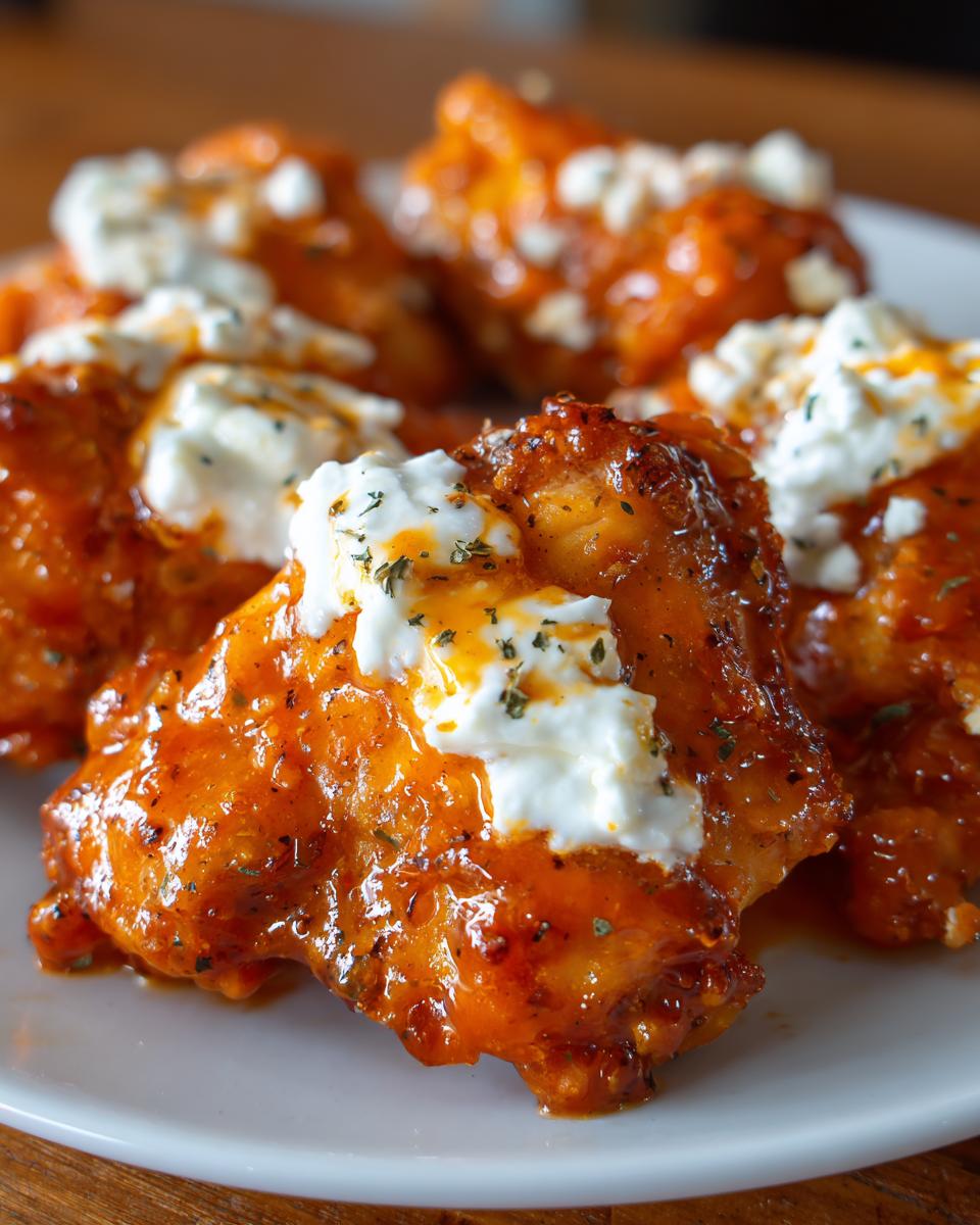 Close-up of glazed hot honey feta chicken pieces topped with white feta cheese crumbles and herbs.