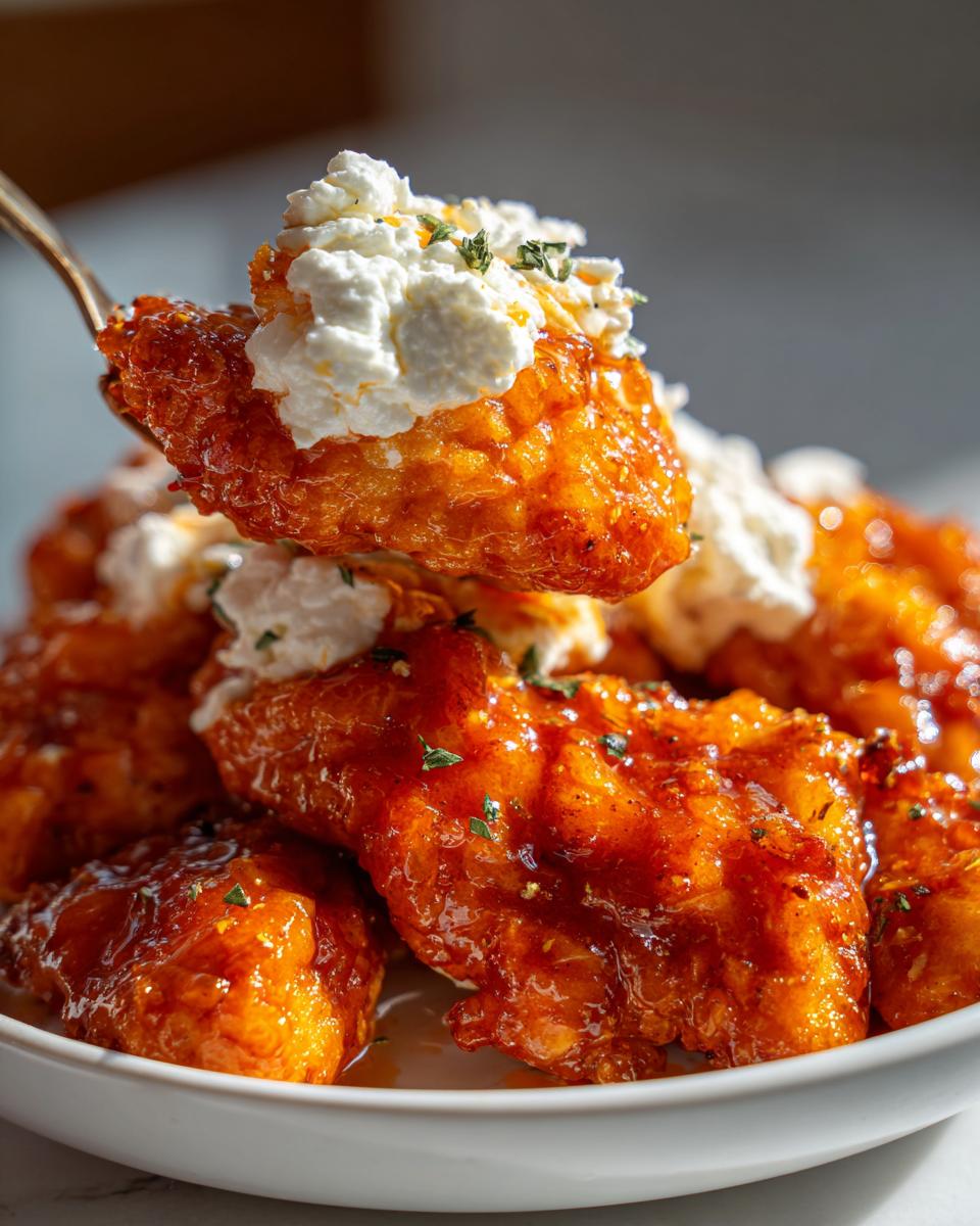 A piece of glazed hot honey feta chicken being lifted with a fork, topped with creamy feta.