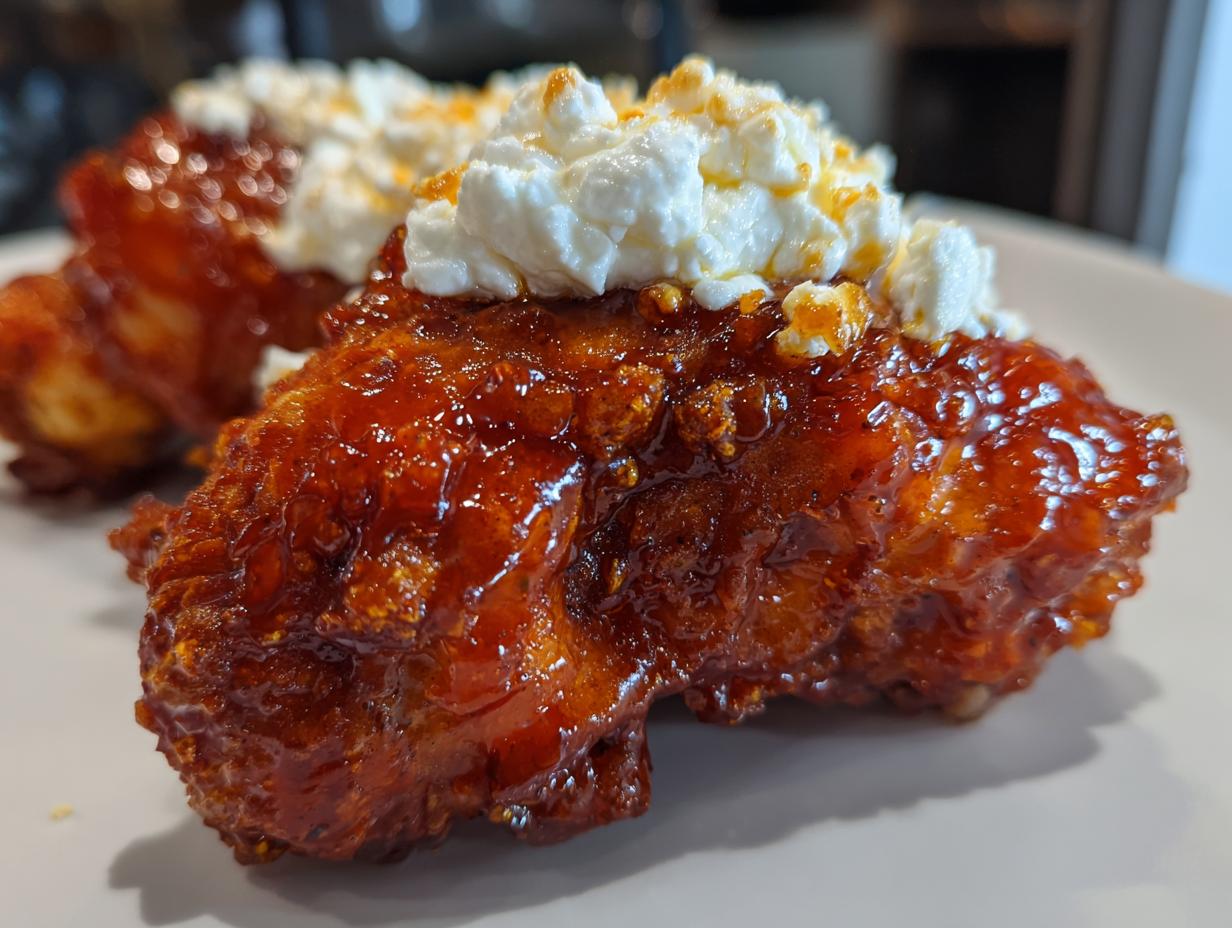 Close-up of a piece of crispy chicken coated in a shiny, reddish-brown glaze, topped with crumbled feta cheese, part of the hot honey feta chicken recipe.