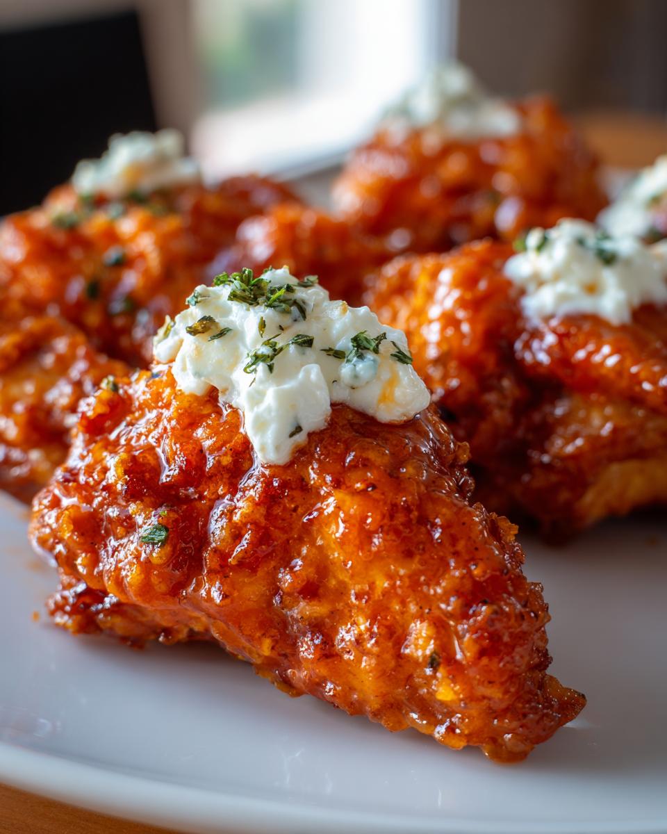 A close-up of a sticky, glazed hot honey feta chicken wing topped with creamy feta cheese and herbs.