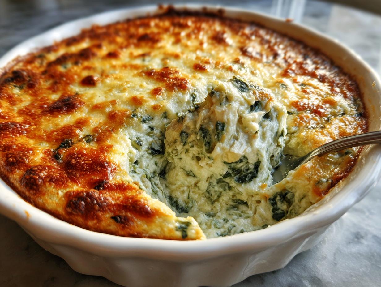 Close-up of creamy, hot spinach artichoke dip being scooped from a white baking dish, showing a golden brown cheese crust.