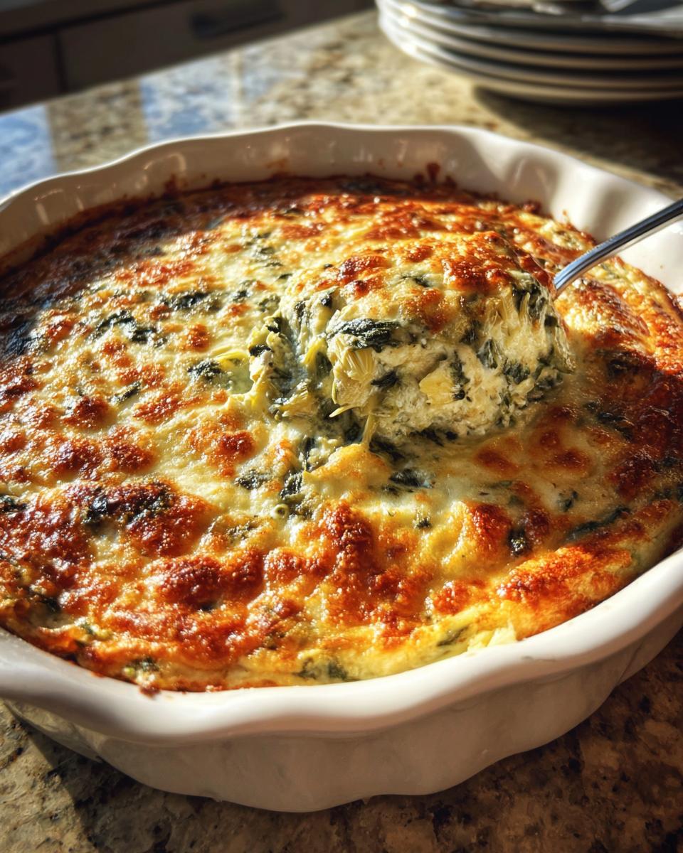 A spoonful of creamy, hot spinach artichoke dip being lifted from a white baking dish with a golden, bubbly cheese top.