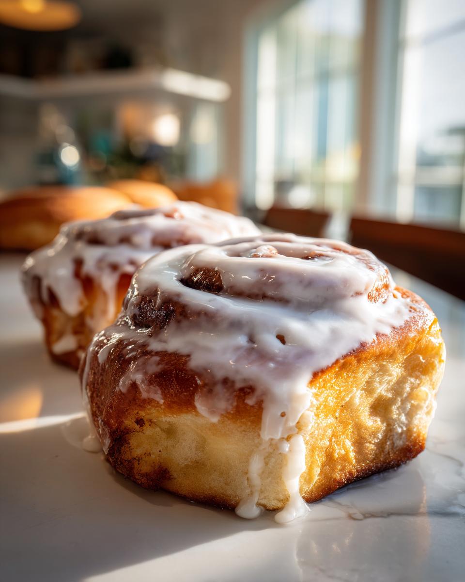 Close-up of two freshly baked cinnamon buns dripping with thick white icing, highlighted by sunlight.