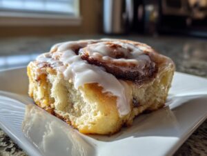 A close-up, sunlit shot of a fluffy, freshly baked cinnamon bun topped with thick white icing.
