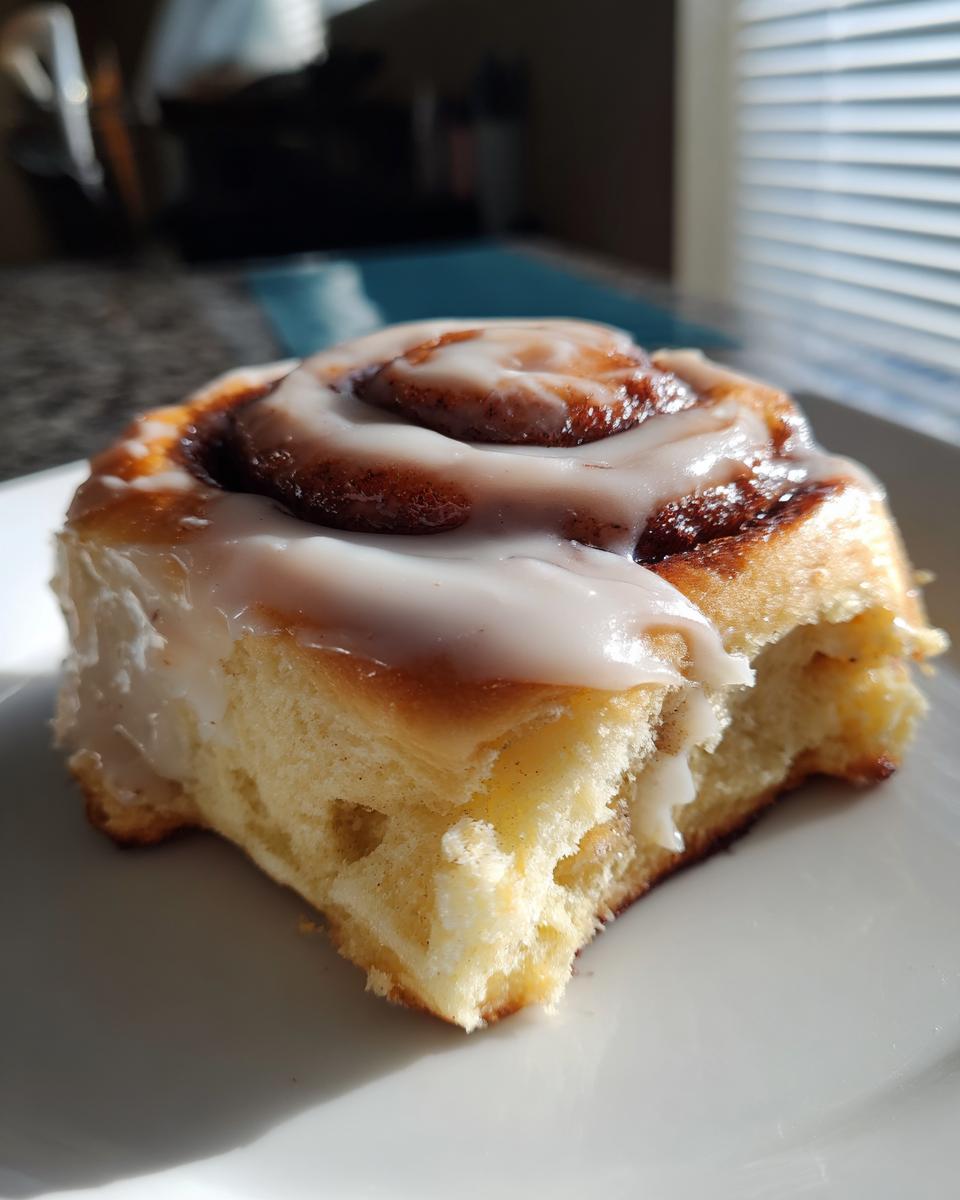 A close-up shot of a fluffy, iced cinnamon bun resting on a white plate, showing the soft interior and rich cinnamon swirl.
