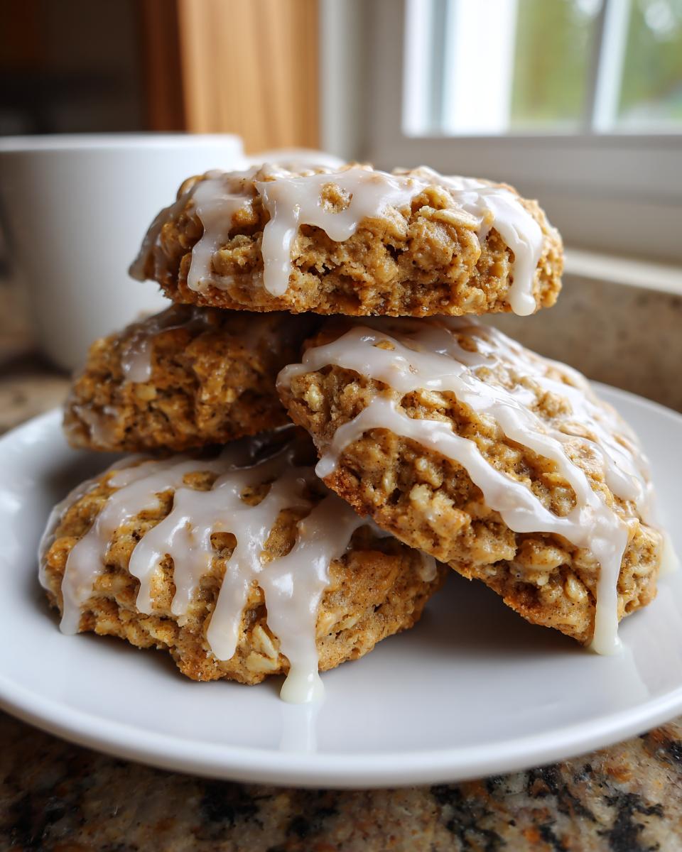 A stack of four soft iced oatmeal cookies drizzled generously with white vanilla glaze, resting on a white plate.