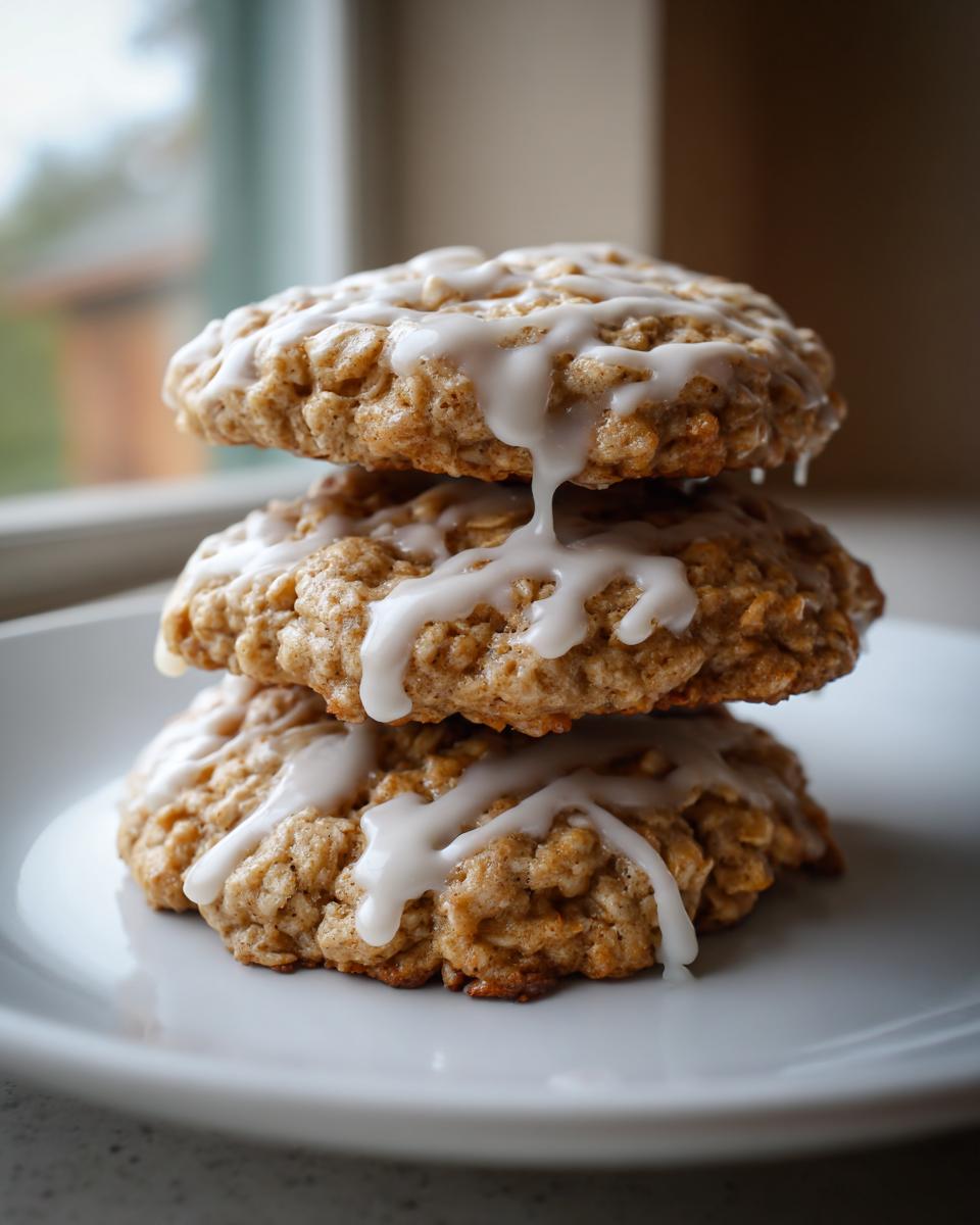 A stack of three soft iced oatmeal cookies drizzled with white vanilla glaze, sitting on a white plate.