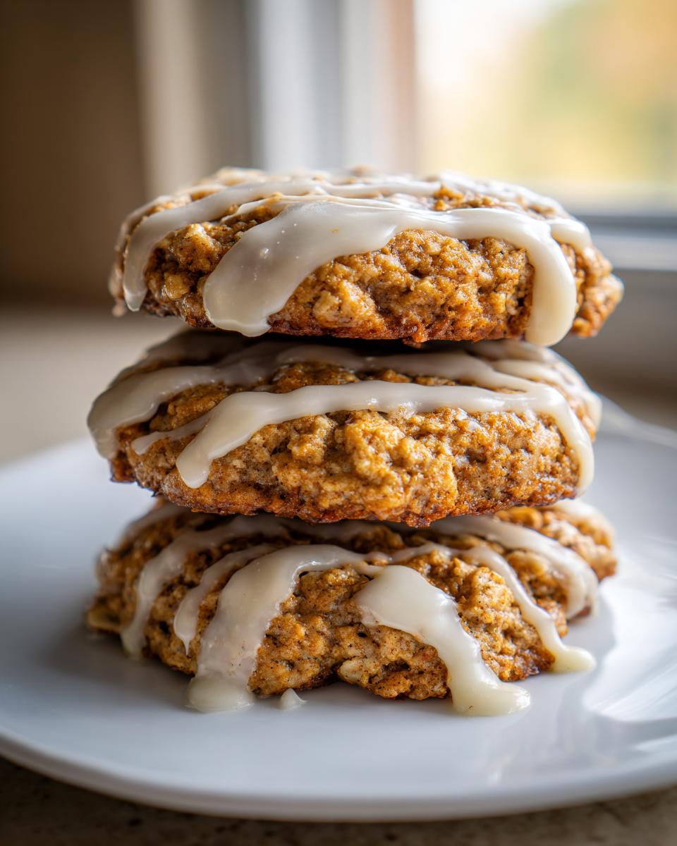 Three soft iced oatmeal cookies stacked vertically on a white plate, drizzled with thick vanilla icing.