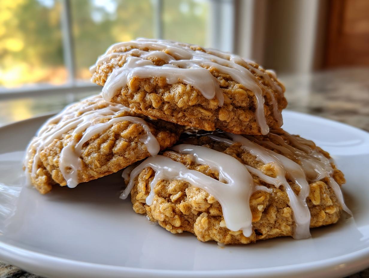 A stack of three soft iced oatmeal cookies drizzled with white vanilla icing, sitting on a white plate.