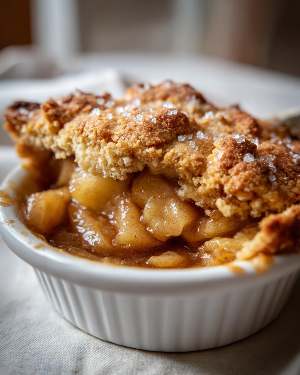 Close-up of a warm, individual serving of apple cobbler recipe in a white ramekin, topped with crunchy streusel and coarse sugar.