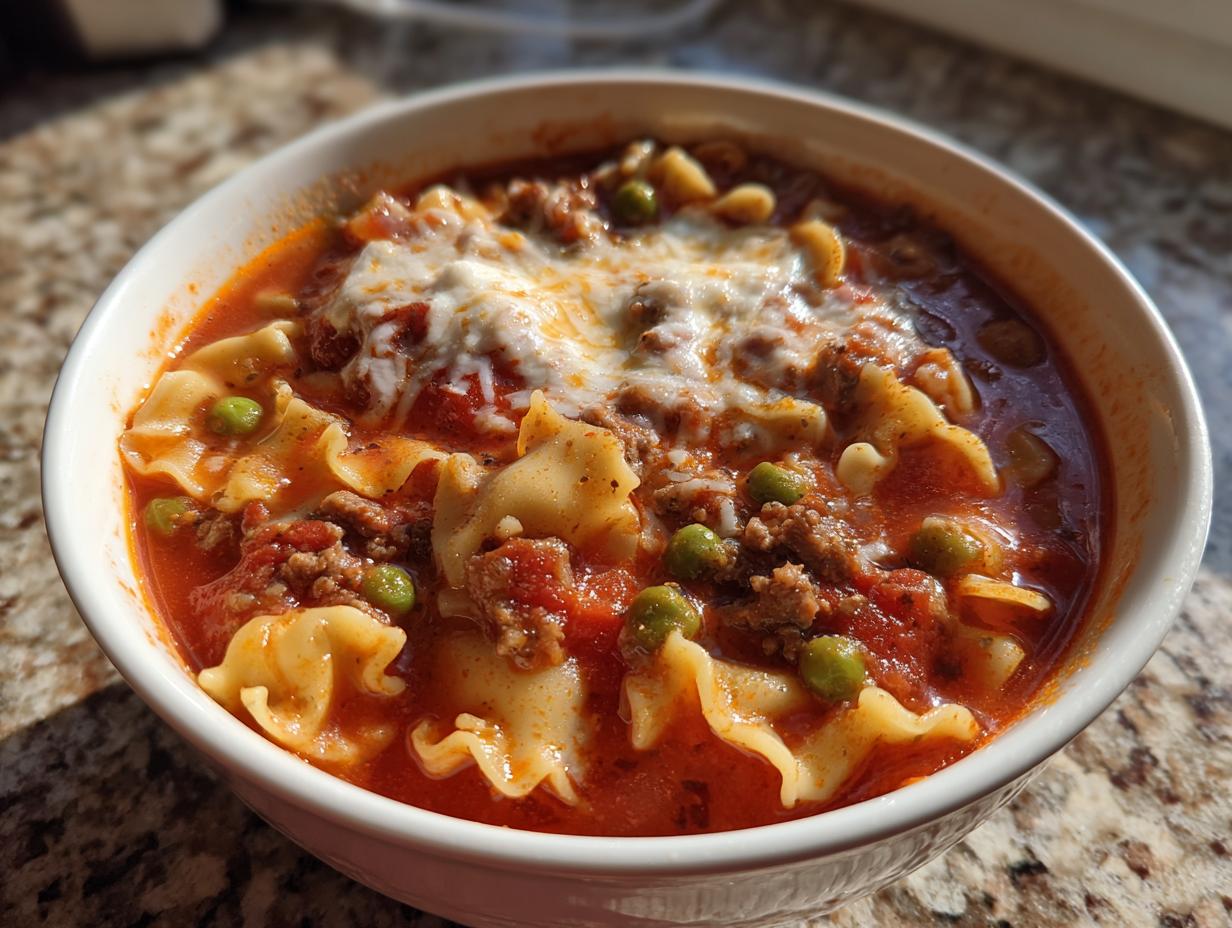 Close-up of a white bowl filled with rich Instant Pot Lasagna Soup topped with melted mozzarella cheese, ground meat, and green peas.