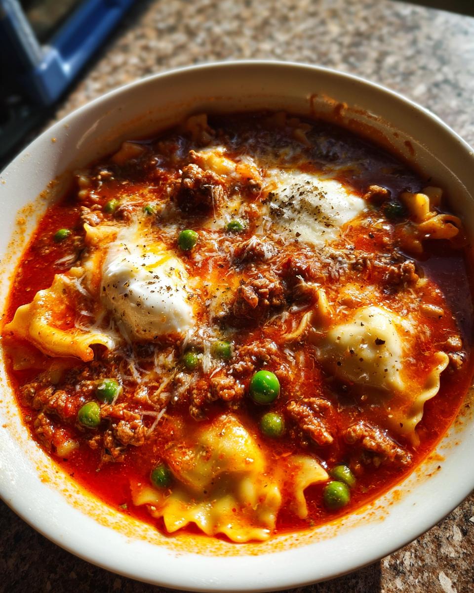 Close-up of a steaming bowl of instant pot lasagna soup featuring rich tomato sauce, ground meat, pasta, peas, and dollops of melted cheese.