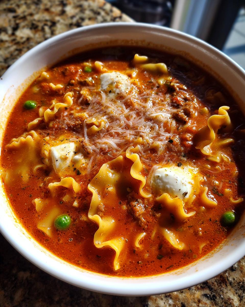 Close-up of a bowl of rich instant pot lasagna soup with ruffled noodles, meat sauce, dollops of ricotta, and grated Parmesan.