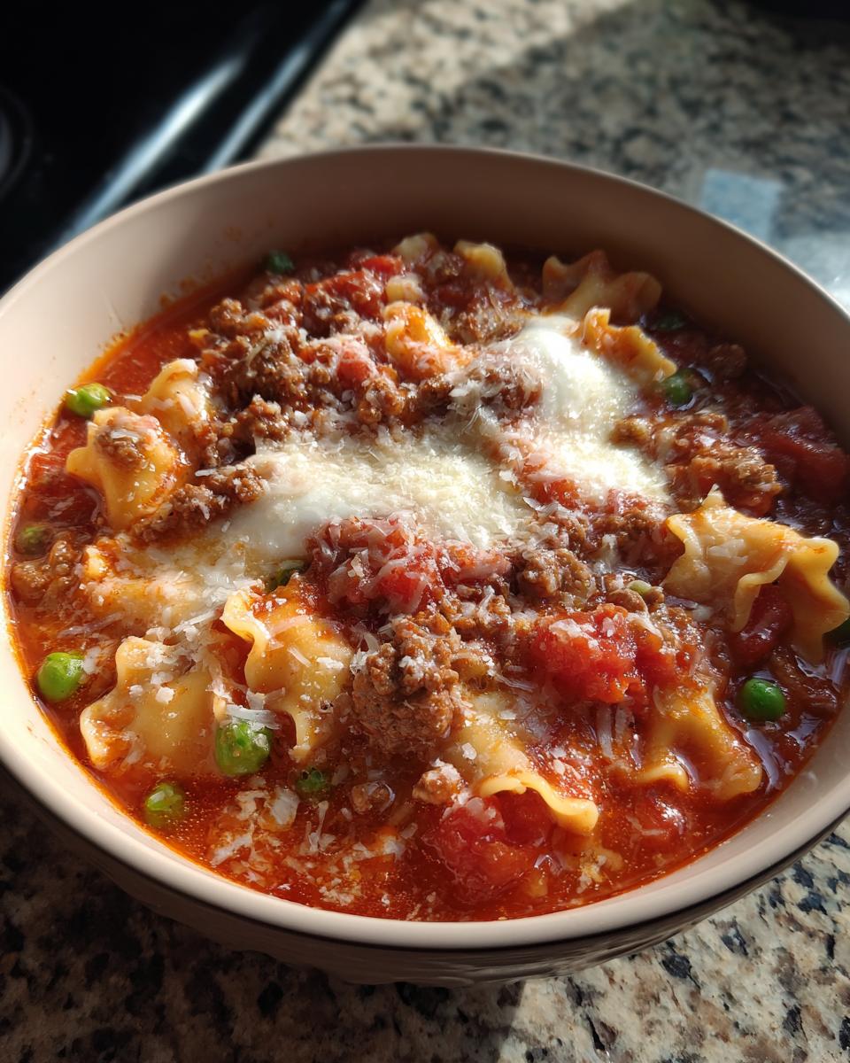 Close-up of a bowl of rich instant pot lasagna soup topped with meat sauce, melted cheese, and grated Parmesan.