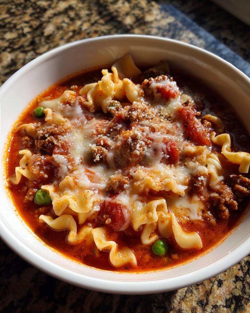 Close-up of a white bowl filled with rich, red Instant Pot Lasagna Soup topped with melted cheese and ground meat.