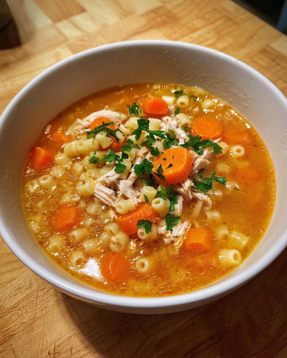 Close-up of a warm bowl of Italian penicillin soup featuring shredded chicken, pasta, and bright orange carrots, garnished with parsley.