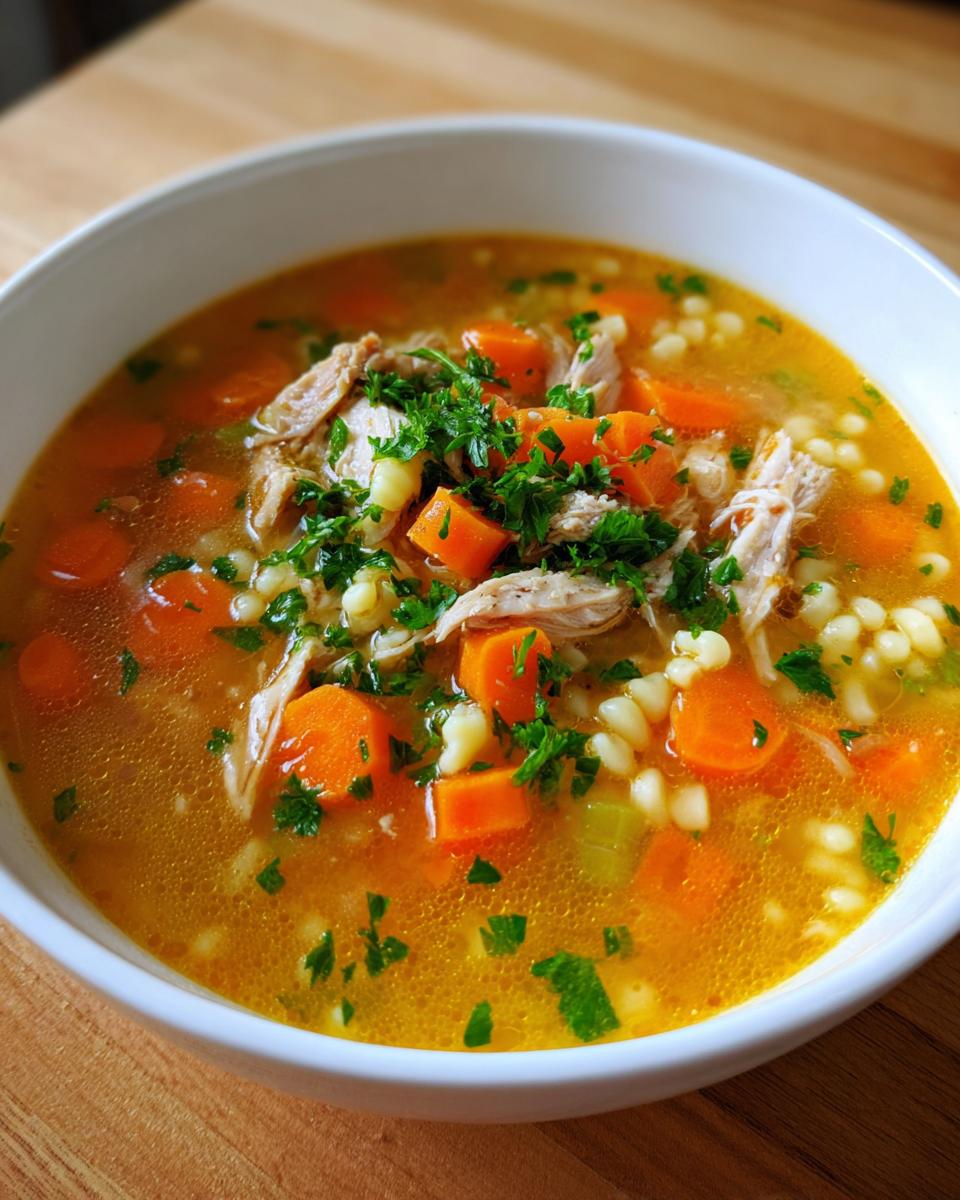Close-up of a warm bowl of Italian penicillin soup featuring shredded chicken, bright orange carrots, acini di pepe pasta, and fresh parsley.