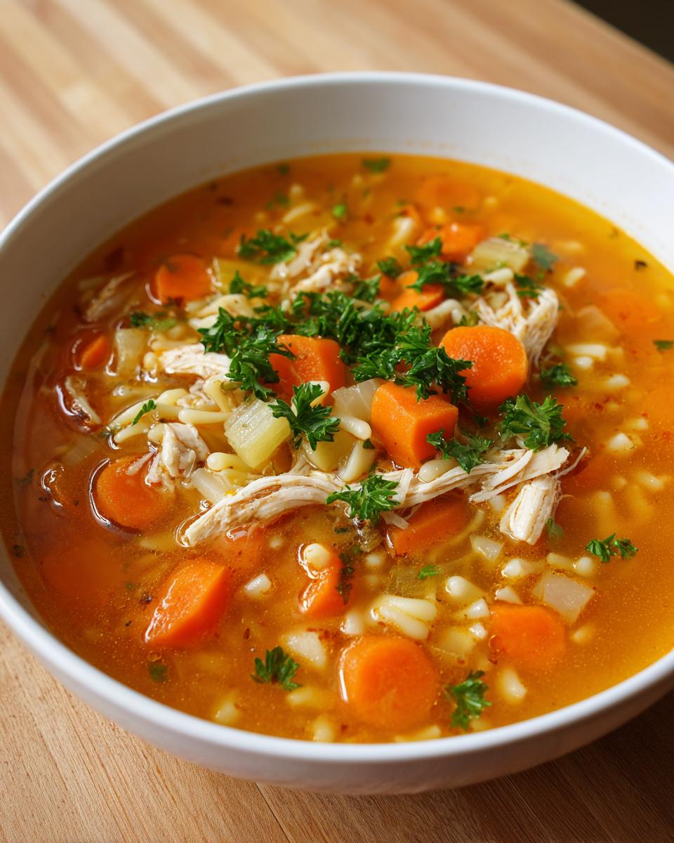 Close-up of a white bowl filled with rich, orange Italian penicillin soup, featuring shredded chicken, carrots, and parsley.