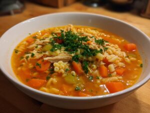 A close-up of a white bowl filled with Italian penicillin soup, featuring shredded chicken, pasta, carrots, and fresh parsley.