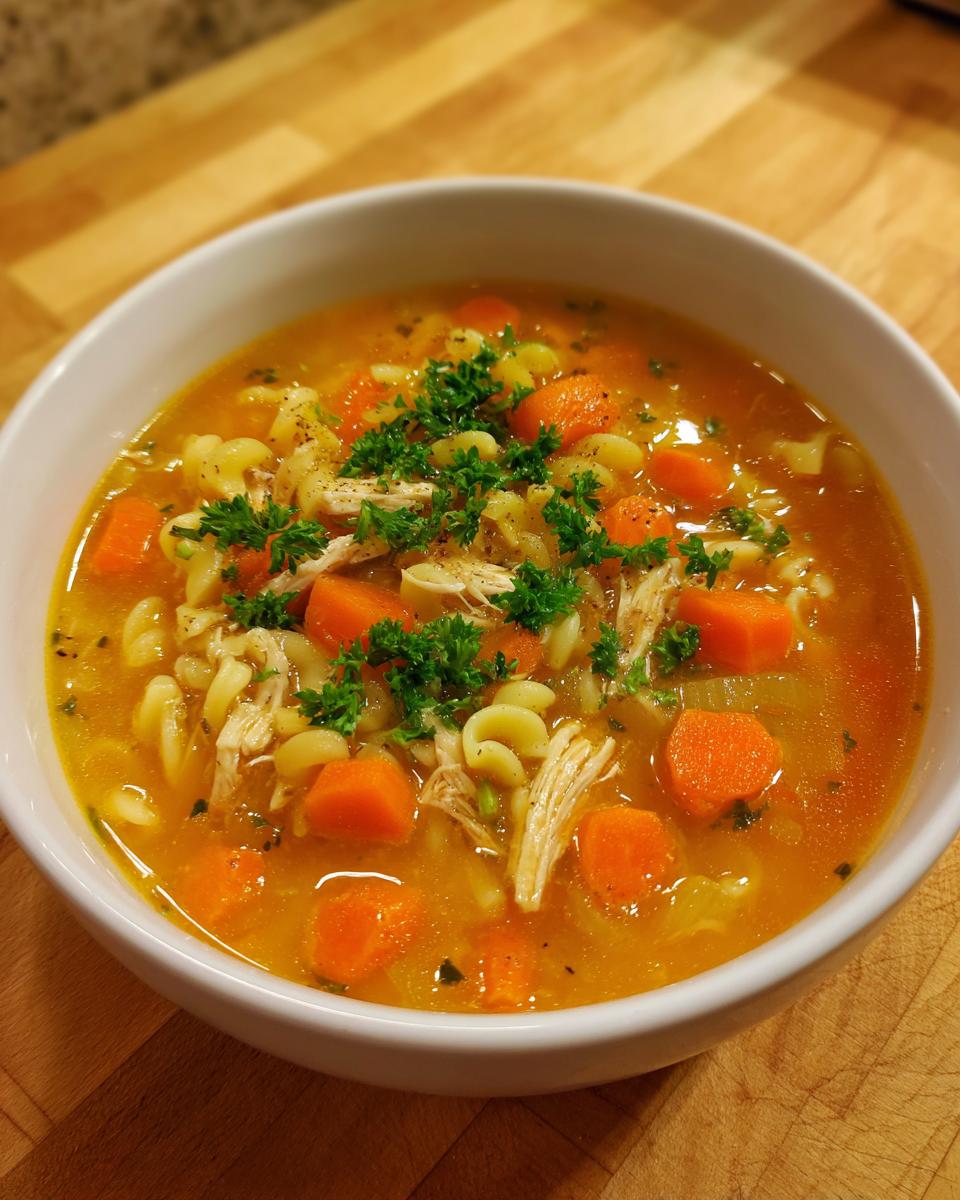 A close-up of a white bowl filled with vibrant Italian penicillin soup, featuring shredded chicken, bright orange carrots, and elbow pasta.