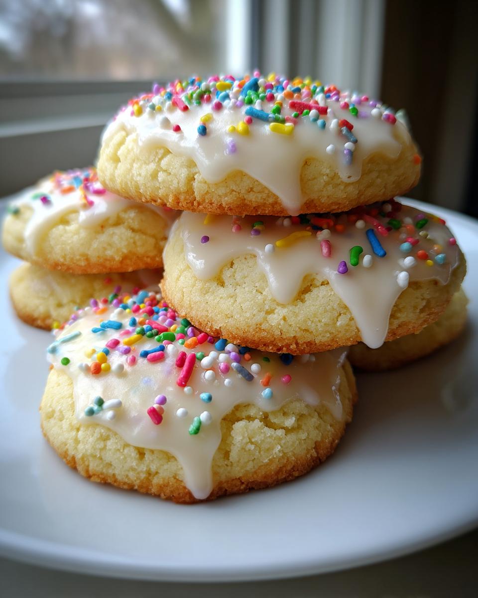 A stack of soft italian ricotta cookies topped with white glaze and colorful sprinkles, sitting on a white plate.