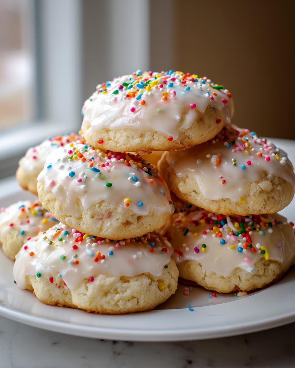 A stack of soft Italian ricotta cookies topped with white glaze and colorful rainbow sprinkles on a white plate.