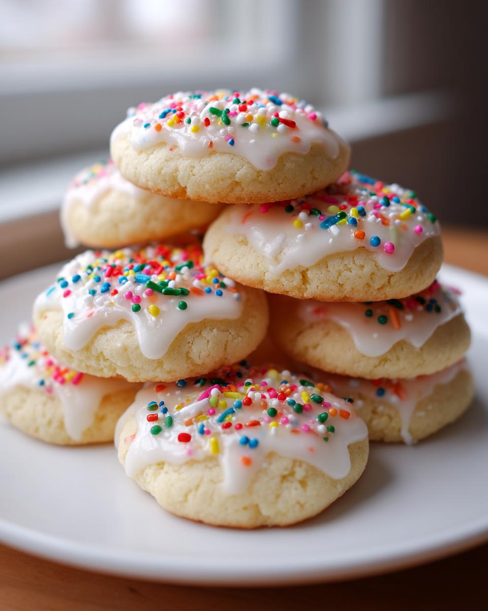 A stack of soft Italian ricotta cookies topped with white glaze and colorful rainbow sprinkles.