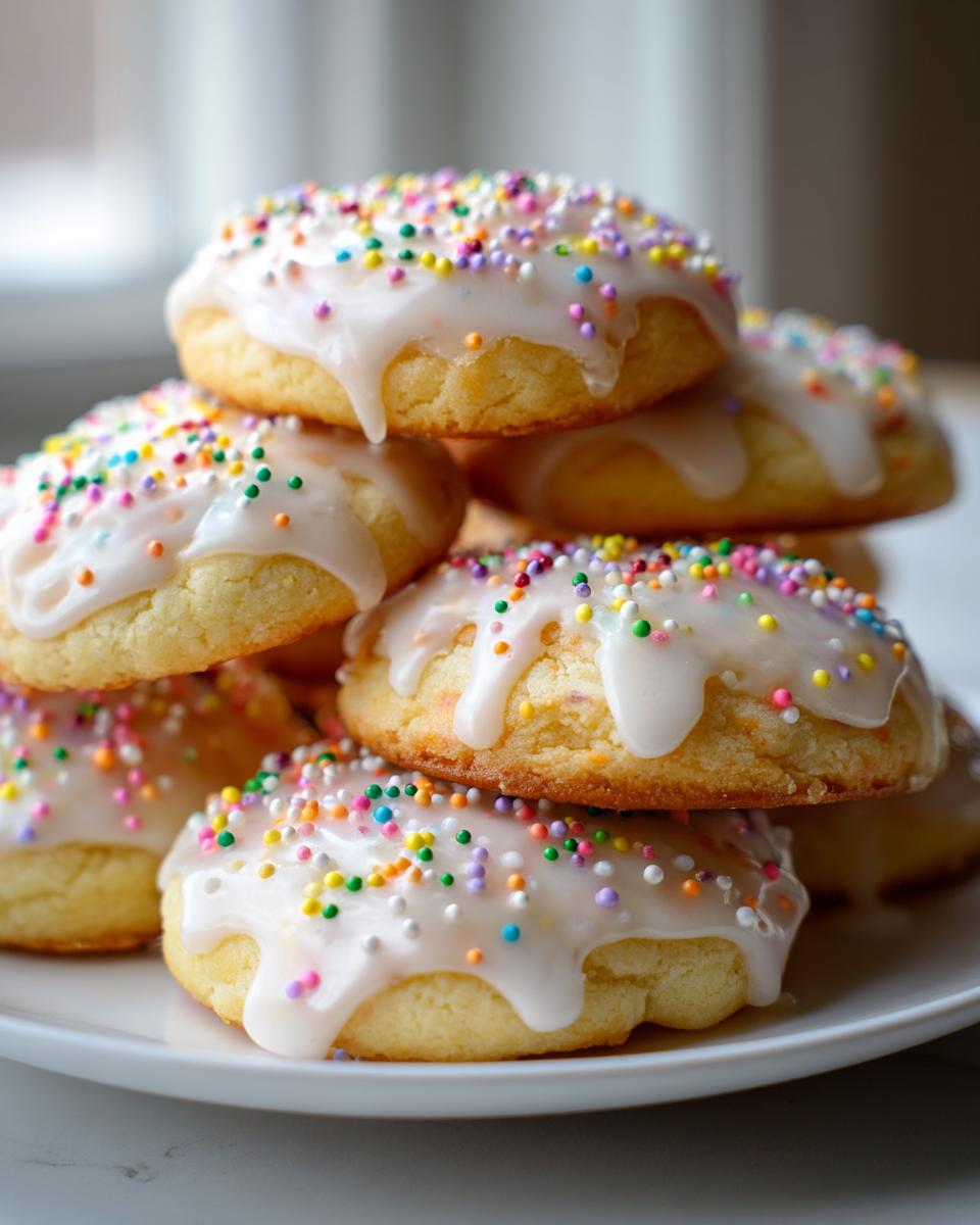 A close-up stack of soft Italian ricotta cookies topped with thick white glaze and colorful rainbow sprinkles.