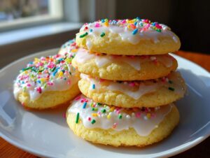 A stack of four soft Italian ricotta cookies topped with white glaze and colorful sprinkles, sitting on a white plate.