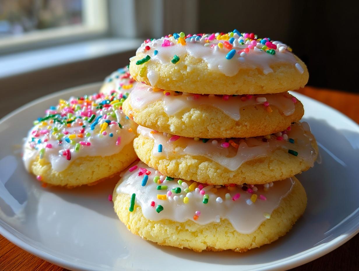 A stack of four soft Italian ricotta cookies topped with white glaze and colorful sprinkles, sitting on a white plate.