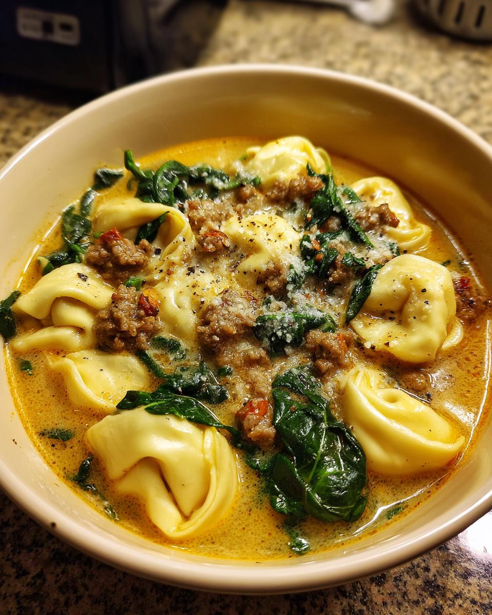 Close-up of a creamy bowl of italian sausage tortellini soup with spinach and parmesan cheese.