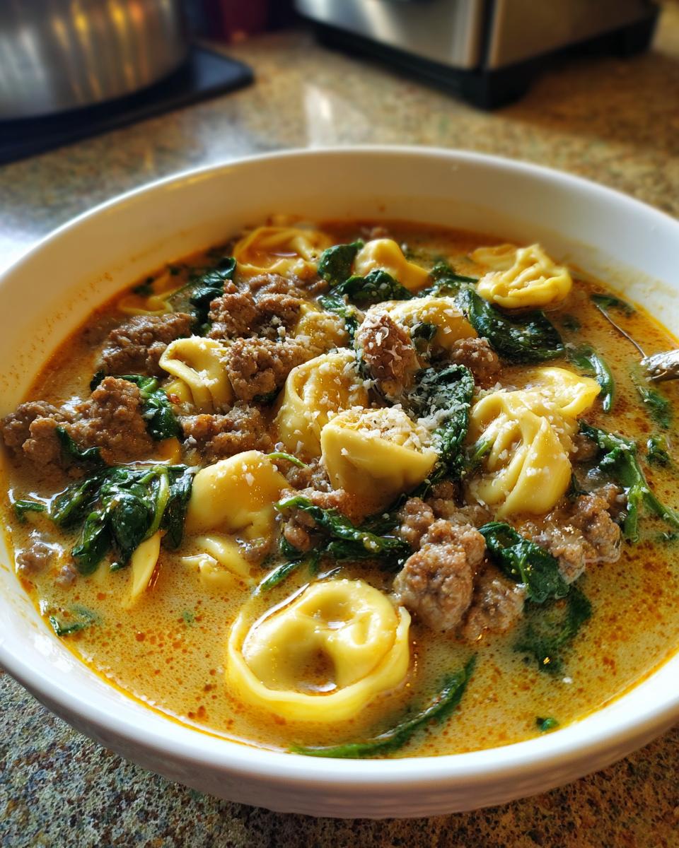 A hearty bowl of creamy Italian sausage tortellini soup filled with tortellini, crumbled sausage, and spinach, topped with parmesan.
