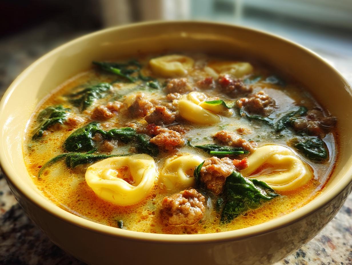 Close-up of a hearty bowl of italian sausage tortellini soup with spinach in a yellow bowl.